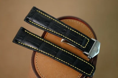 Correa hecha a mano para Tag Heuer cuero negro punto amarillo talla 22/18 con hebilla Foto 1 de 4