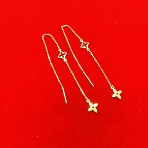 Solid 14K Yellow Gold Unique Long Flower Silhouette Threader Earrings - Picture 1 of 4
