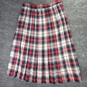Vintage Villager Skirt Womens 14 Red Navy Plaid Pleated Wool Blend 70s Preppy - Picture 1 of 10