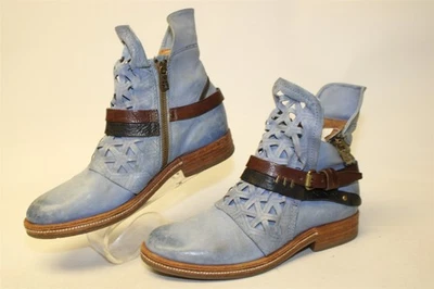 A.S.98 Women Size 9 39 Icy Blue Laser Cut Chunky Belted Zip Low Heel Ankle Boots - Image 1 of 4