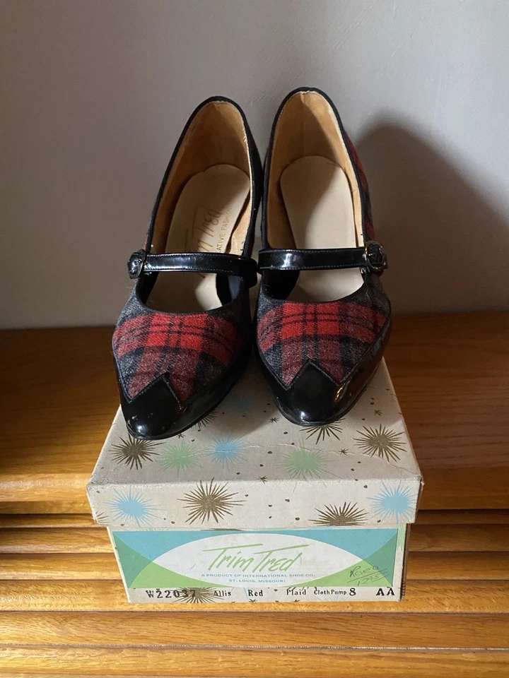 Tacones a cuadros rojos Tred Allis vintage talla 8 AA en caja Foto 1 de 4