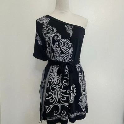Vestido CristinaLove Hombro Descubierto Mujer M Negro Blanco Estampado Cinturón Túnica Boho Y2K Foto 1 de 4