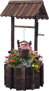 Garden Wooden Decor Rustic Wishing Well Planter Outdoor Home Décor for Patio, Up - Picture 1 of 6
