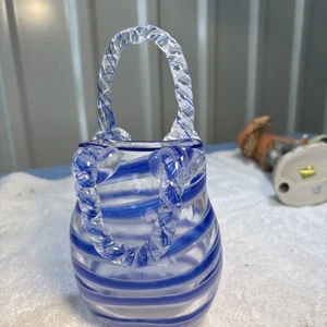 Vintage Murano Style Cobalt Swirl Art Glass Hand Blown Purse Vase 8” Handles - Picture 1 of 4