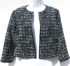 Chaqueta Blazer DEREK LAM 10 CROSBY Azul Marino Multi Negra Imitación Cuero Recortada 6 - Imagen 1 de 8