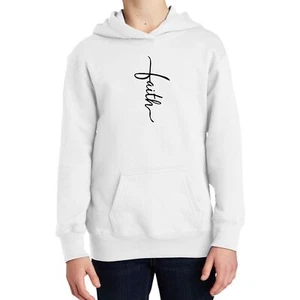Youth Long Sleeve Hoodie Faith Script Cross Black Illustration - Picture 1 of 16