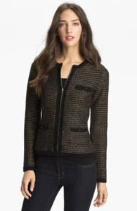 TED BAKER Rylene metallic tweed wool knit dressy zip cardigan jacket top 3 12 M - Picture 1 of 5