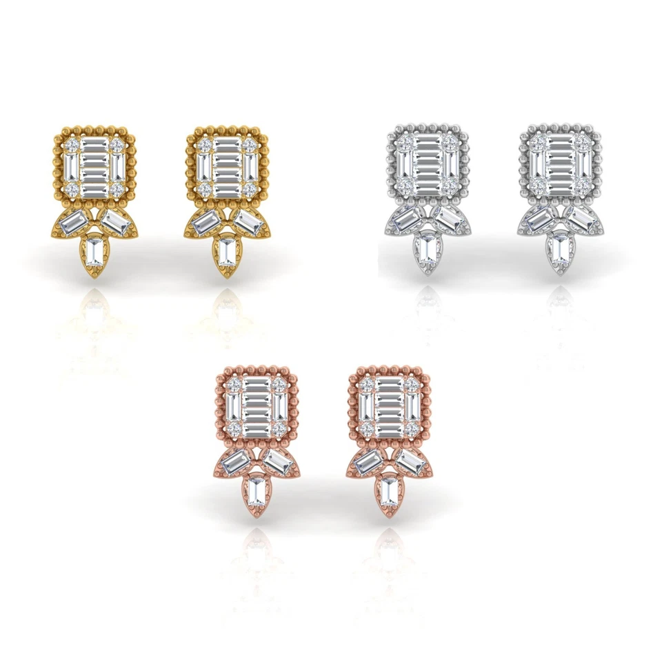 1.27 Ct H Color SI Clarity Pave Diamond Stud 14k Gold Beaded Earrings Jewelry - Image 1 of 4