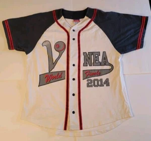 Men's Champion Baseball Jersey Button Down V NEA 2014 World Finals White Blue - Picture 1 of 11