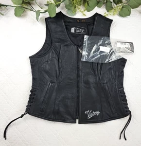 Gilet donna Victory Motorcycles in pelle nera con zip taglia 2XL pizzo laterale nuovo con etichette - Foto 1 di 9