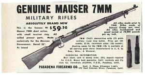 1952 Genuine Mauser 7MM Military Rifles Pasadena Firearms Co. Vintage Print Ad - Picture 1 of 1