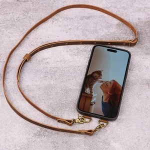 Handmade Genuine Leather Slim iPhone Case with Adjustable Neck Strap Lanyard - Picture 1 of 13