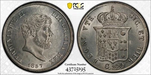 1857 ITALY. Naples & Sicily. 120 Gr Grani Ferdinand II PCGS MS63, only few finer - Picture 1 of 1
