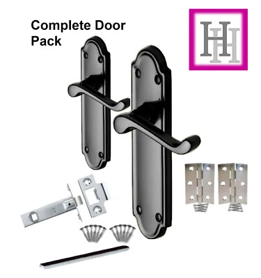 Lever Door Handles Black Nickel Victorian Scroll Ashford inc Hinges & Latch D4 - Image 1 of 4