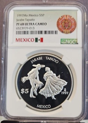 MEXICO PLATA 1997 5 PESOS S5P JARABE TAPATIO DANCE NGC PF 68 ULTRA CAMAFEO ESCASO Foto 1 de 3