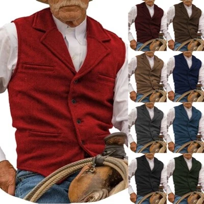 Gilet uomo tweed spina di pesce caccia western cowboy gilet retrò 42 44 46 48 - Immagine 1 di 4