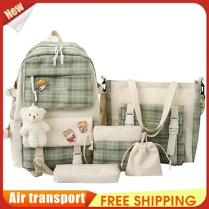 5pcs Plaid Casual Backpack Combo Set Pendant Badge Canvas School Bags (Green) - Picture 1 of 11