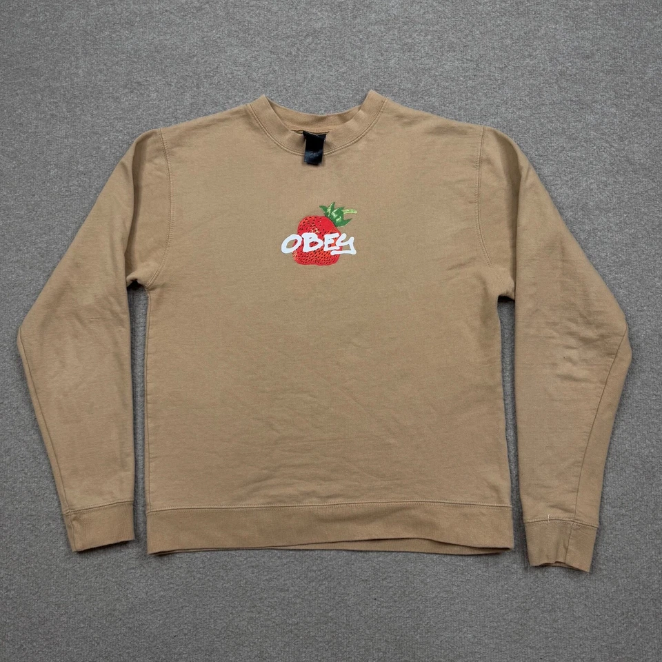 Obey Graphic T Shirt Women's Size S Brown Long Sleeve Pullover Strawberry Tee - Image 1 of 4