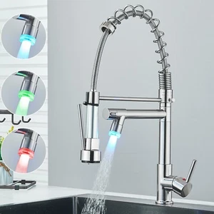 Brushed Nickel LED Kitchen Faucet Sink Mixer Pull Down Sprayer Single Handle Tap - Picture 1 of 13
