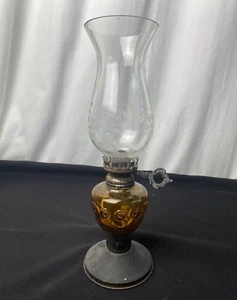 Antique 1920’s Amber Glass Kerosene Oil Lamp W/ Crystal Etched Top Vintage Rare - Picture 1 of 12