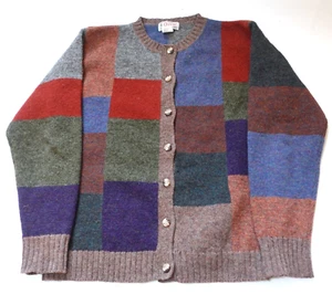 Vintage Orvis Shetland Wool Cardigan Sweater Colorblock Plaid Patchwork Quilt - Picture 1 of 7