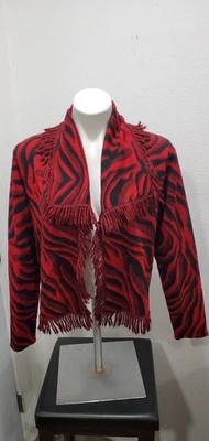 Chicos Women Jacket 2 L Red Black Leopard Fringe Maximalist Layering Statement - Image 1 of 4