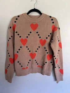 THML Hearts Long Sleeve Sweater Thick and Cozy, Women's Large Tan Valentines Day - Picture 1 of 5