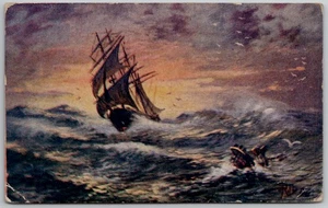 um 1909 alte Postkarte Segelboot Schiff Boot auf schöner rauer See Zimmermann - Bild 1 von 2