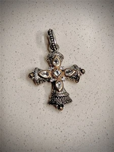 Barbara Bixby Sterling Silver 18k Yellow Gold White Topaz Cross Pendant 1.75” - Picture 1 of 4