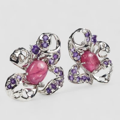 Glittering Pink Ruby Cabochon 925 Sterling Silver Handmade Fine Jewelry Earrings - Image 1 of 4