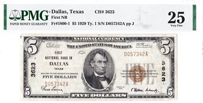 $5 1929 T1 National DALLAS Texas TX 🇺🇸 Title 3 Note!  PMG 25 Very Fine! 🇺🇸 - Image 1 of 2