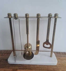 White Marble & Brass Hanging Bar Tools Set 9.5" x 9.5" x 3.5" - Picture 1 of 4