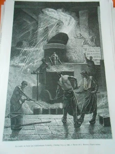 Gravure 1885 La coulée de l'acier aux établissement Cockerill à Seraing - Picture 1 of 1