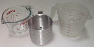 Qty. (3) Cups (PYREX 1-Cup, + 2 Cup Plastic + 1 Cup Aluminum) 3 Items - Picture 1 of 2