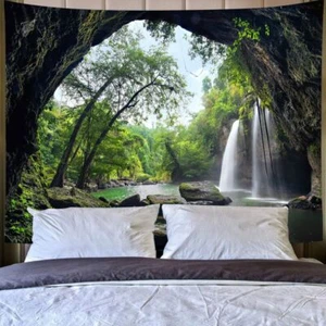 Nature Waterfall Tapestry Wall Hanging Large Cave Forest Lake Fabric Room Decor - Picture 1 of 10