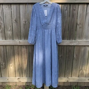 Simplee Size M Smocked Blue Chiffon A Line Dress Long Sleeve Empire Waist Maxi - Picture 1 of 9