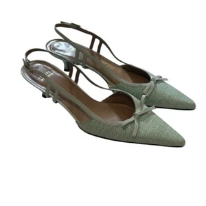 Stuart Weitzman 9.5 M Woven Canvas Sling Back Kitten Heel Pumps Pistachio Green - Picture 1 of 11