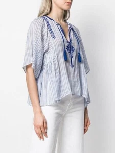 Women's Isabel Marant Etoile Blue Striped Short Sleeve Embroidered Top Size 34 - Picture 1 of 7