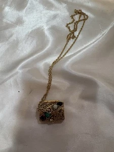 ...Vintage AVON...Gold Tone, Glass Cabs Treasure Chest Locket Pendant Necklace.. - Picture 1 of 7