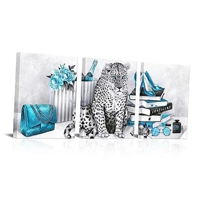  Arte de pared turquesa y gris decoración de leopardo pintura lienzo impresiones niñas  Foto 1 de 4