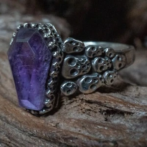 Amethyst Coffin & Skull Ring 925 Sterling Silver semi precious gemstone gothic - Picture 1 of 4