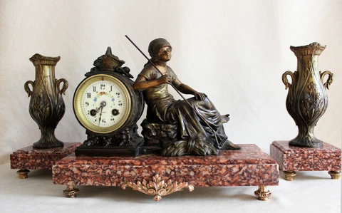 FRENCH  CLOCK SET ART NOUVEAU HEAVY MARBLE STATUE spelter Farm Lady Cover