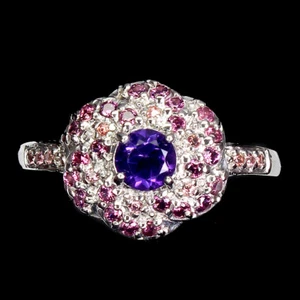 925 Anello Argento Sterling Rotondo Ametista Rodolite Gemma Gioielli Misura 8.5 - Foto 1 di 9