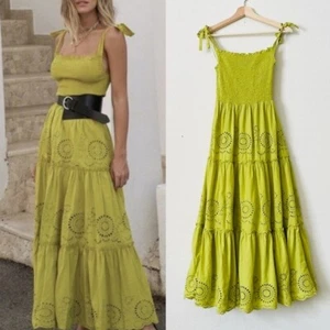 ZARA MEDIUM lime gren eyelet lace tiered tie shoulder strap smocked midi dress - Picture 1 of 6