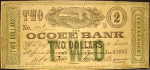 RARE 1862 DATED OCOEE BANK (CLEVELAND TN) $2.00 NOTE-CONFEDERATE CURRENCY - Picture 1 of 2
