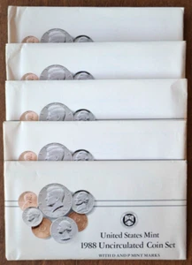 Five 1988 US Mint Uncirculated Sets 10 Coins Each P D Orig. Packaging & Papers - Picture 1 of 6