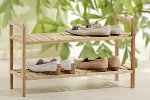 5x Schuhregal, 2 lagig stapelbar Gitterdesign Walnuss Holz - Bild 1 von 2