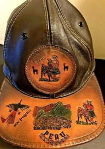 Men's Leather (PERU) Adjustable Cap Hand Tooled Scenes Color Lined Drk Brn 7 3/4 - Picture 1 of 11