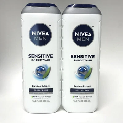Nivea 男士敏感 3 合 1 身体洗涤,16.9 液量盎司 | 竹提取物 | 2 包 — 第 1/2 张图片