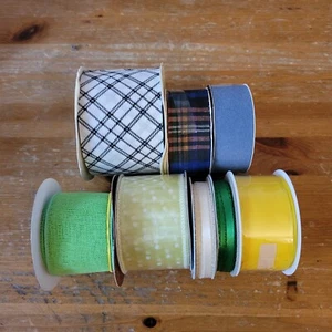  Fabric Ribbon Checkered Plaids Solid And Polka Dot  Lot Of 8 Colorful Spools - Picture 1 of 21